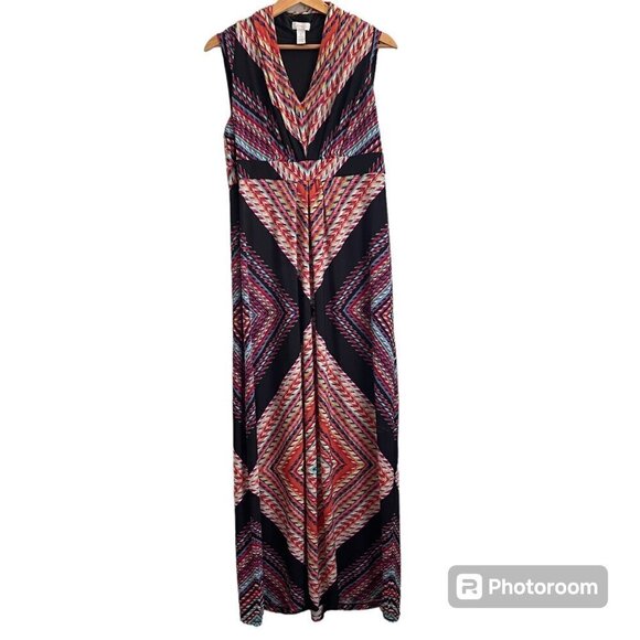 Chico's Womens Maxi Dress Size 1 Black Geometric Cruisewear Stretch Beachy Boho - Picture 1 of 9